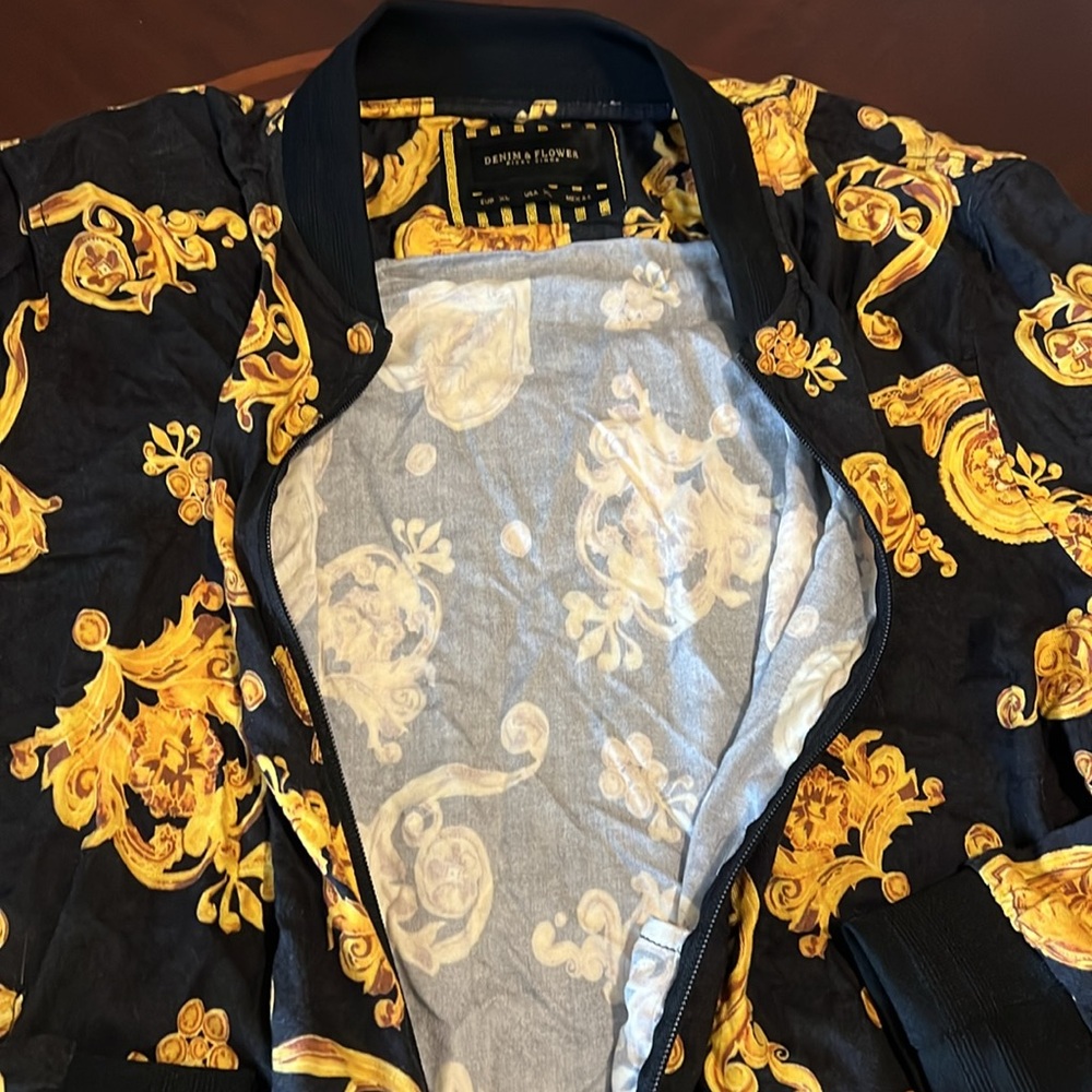 Denim & Flower Black Gold Baroque Print Bomber Jacket Mens Streetwear Zip Up - Picture 5 of 11
